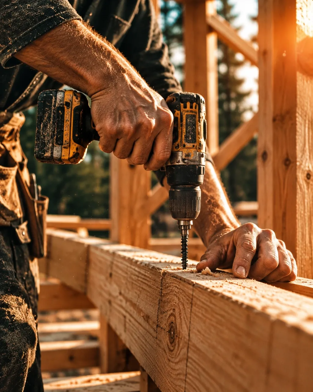Hands using a drill to assemble timber framing