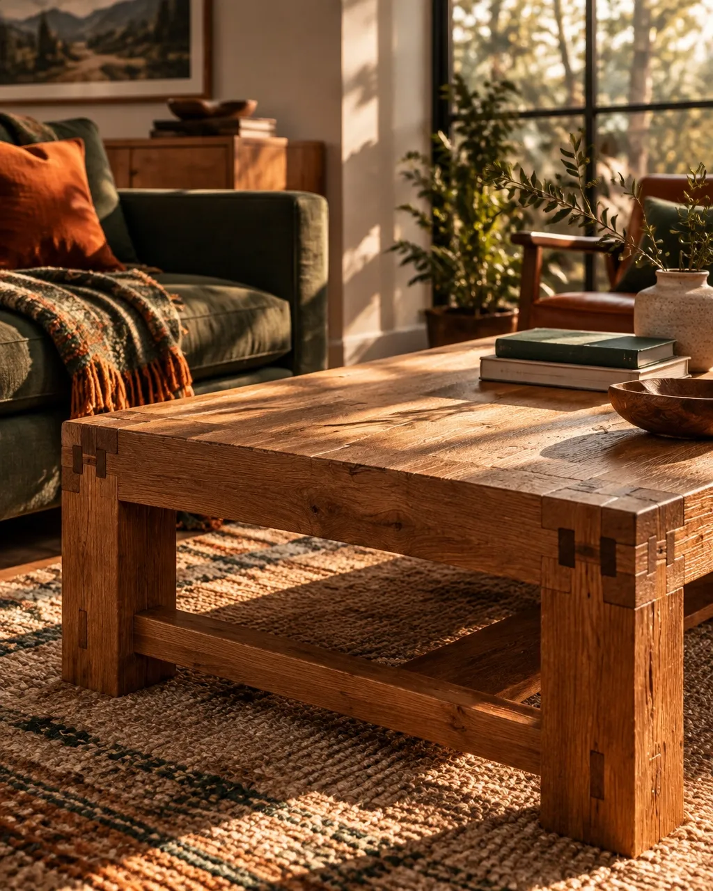 Handcrafted wood furniture detail in warm natural light