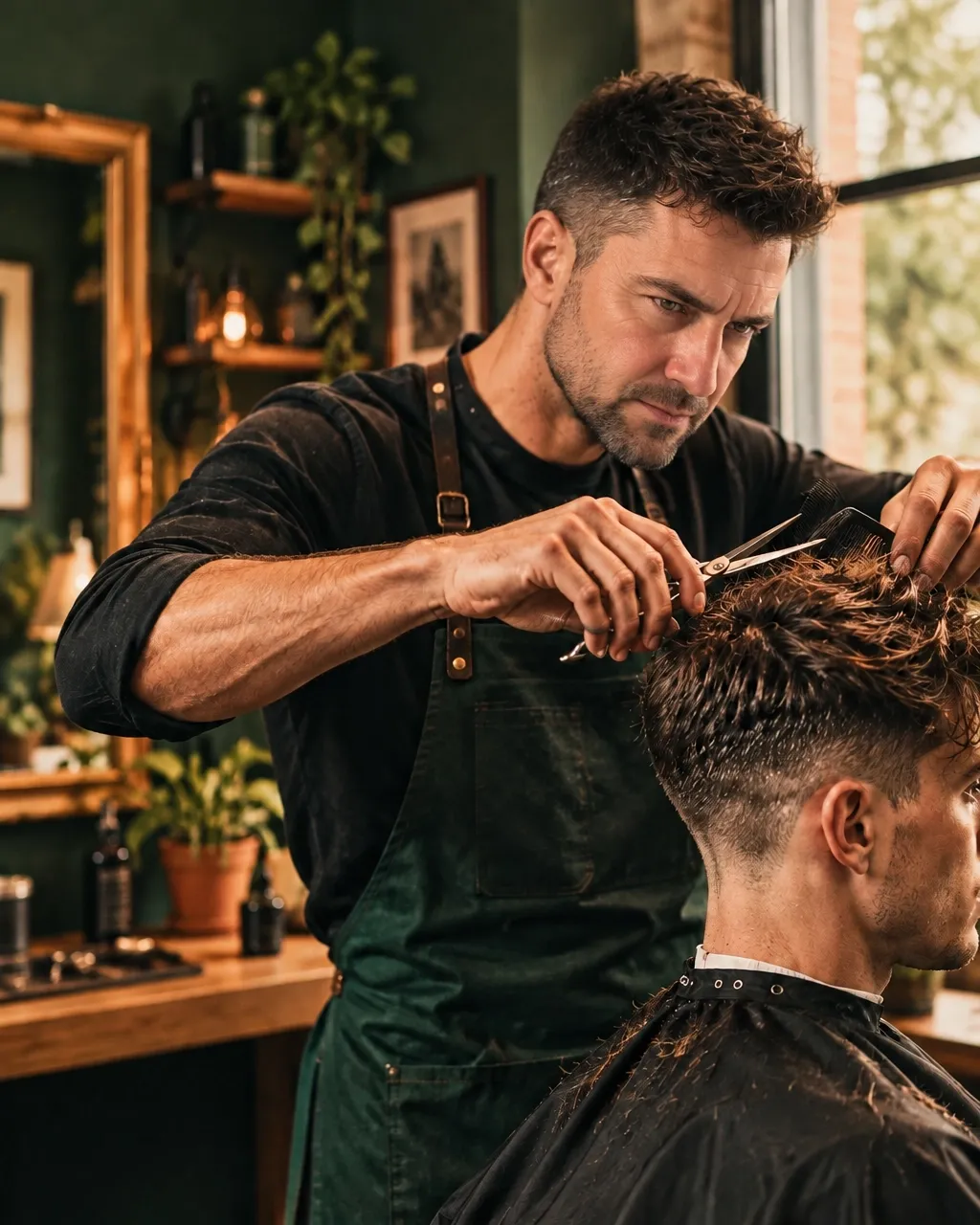 A stylist shaping a client's modern haircut with scissors